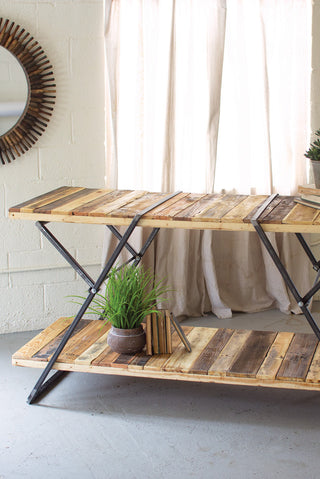 Reclaimed Wood Two-Tiered Display Table with Folding Iron Base