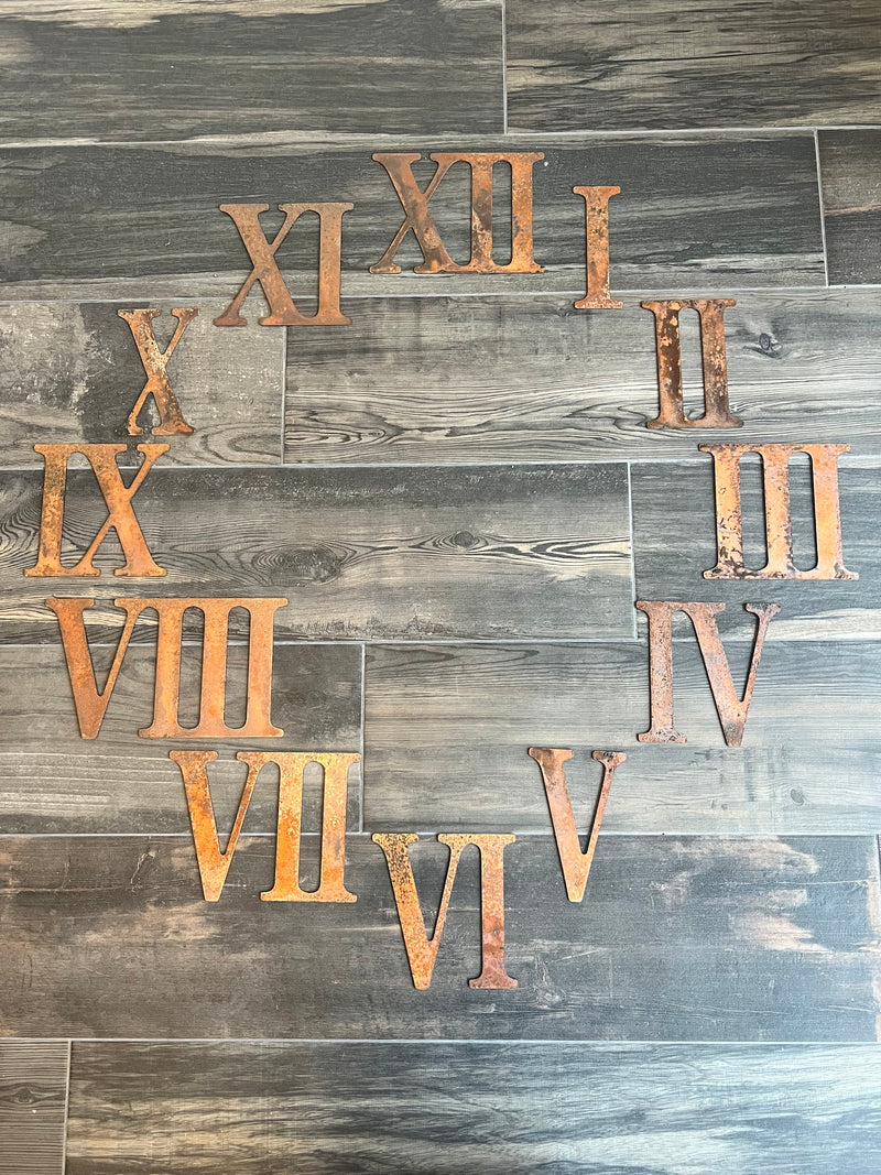 6 Inch Metal Roman Numeral Metal Clock set - Includes Numerals I-XII -  Rusty or Natural Steel Finish