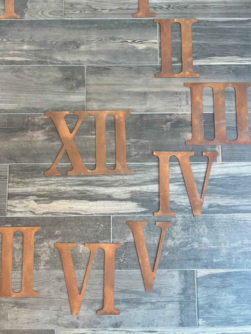 12 Inch Roman Numeral Clock Number Set - Rusty or Natural Steel Finish