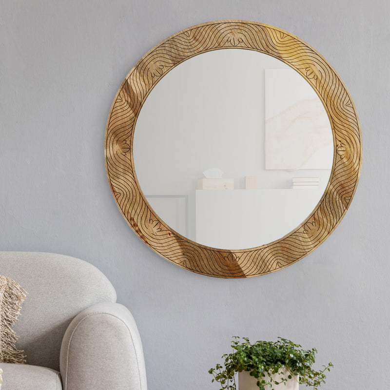 Mango Wood Round Wall Mirror in Natural Finish