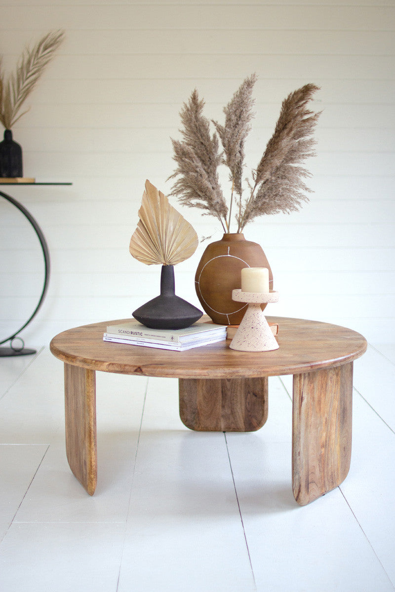 Round Mango Wood Coffee Table With Wood Base
