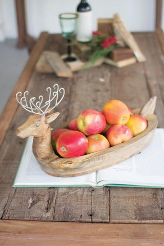 HAND CARVED MANGO WOOD REINDEER BOWL WITH METAL ANTLERS