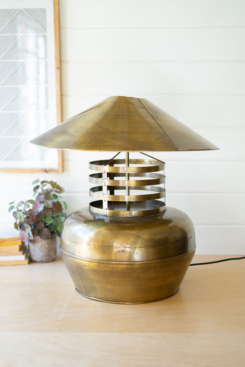 Large Antique Brass Table Lamp with Metal Shade