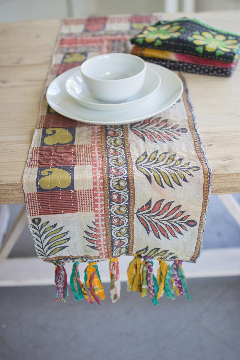 SET OF FOUR ASSORTED KANTHA TABLE RUNNERS
