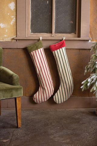 SET OF 2 GIANT STRIPED CHRISTMAS STOCKINGS W VELVET COLLAR