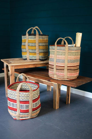 SET OF 3 MULTI COLORED WOVEN JUTE BASKETS W HANDLES 18x18