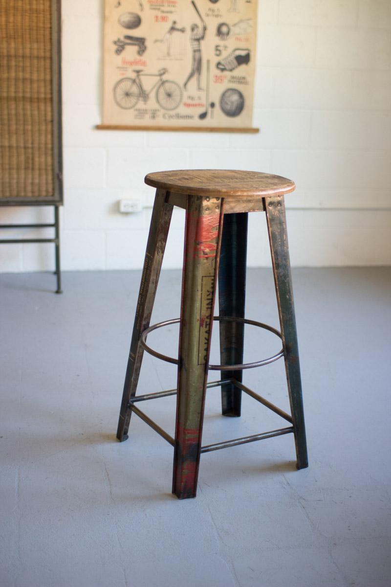 RECYCLED METAL BAR STOOL WITH WOODEN TOP