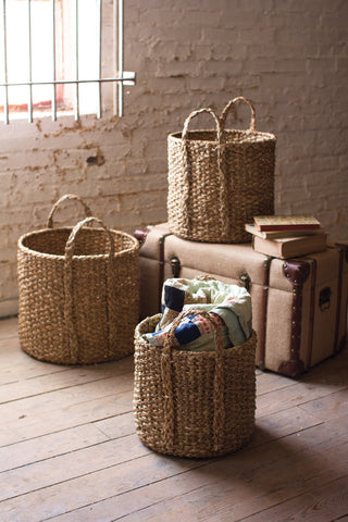 Set of 3 Round Braided Seagrass Baskets with Handles