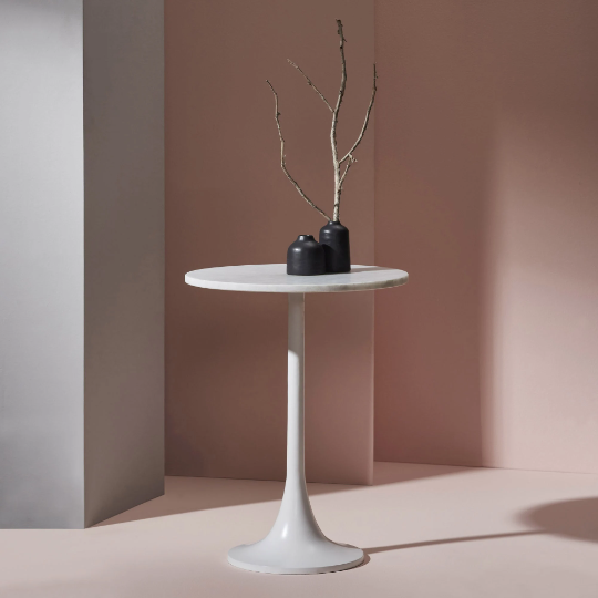 Cocktail Table in White Powder Coated Base with Matching White Marble Top