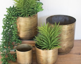 Set of 4 Metal Flower Pots with an Aged Brass Finish