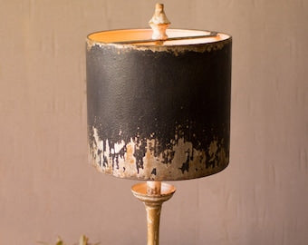 Table Lamp with Round Wooden Base and Black and Gold Metal Shade