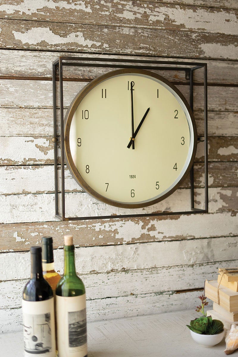 Round Clock with Square Metal Frame - Modern Farmhouse Decor