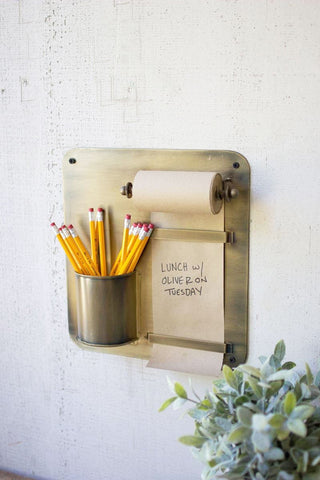 Brass Hanging Note Roll and Pencil Cup