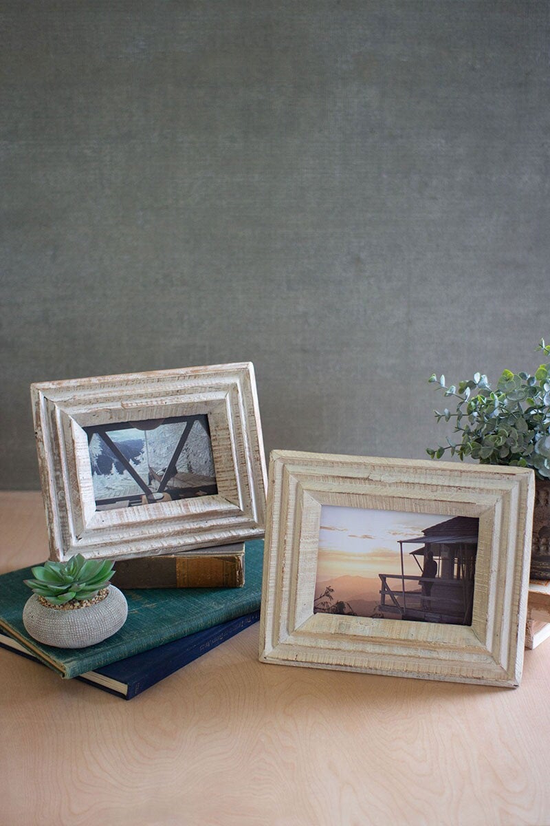 Set of 2 Distressed White Wash Wood Photo Frames