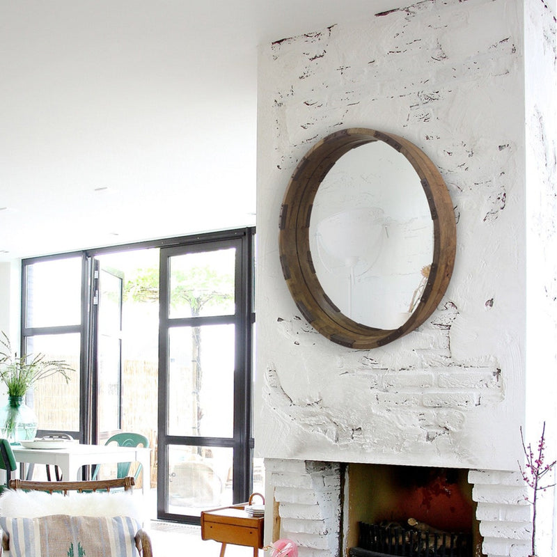Large Round Mirror with Unique Wood and Metal Finish
